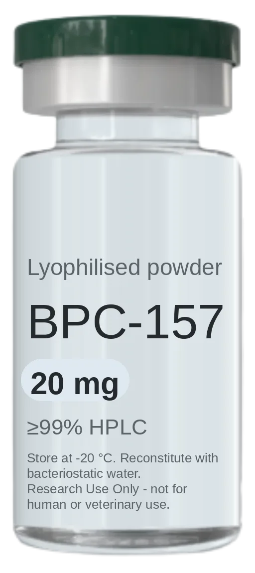 BPC-157 20 mg vial — lyophilised research peptide, ≥99% HPLC, labelled for research use only