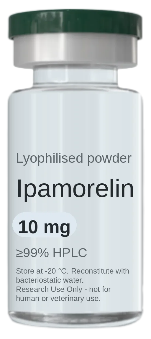 Ipamorelin 10 mg vial — lyophilised research peptide, ≥99% HPLC, labelled for research use only