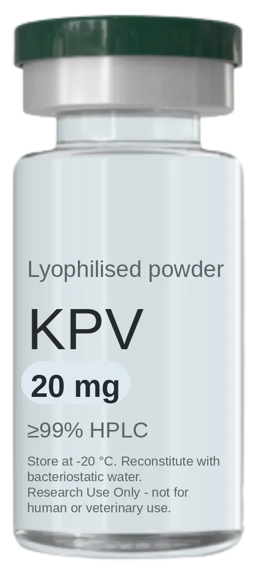 KPV 20 mg vial — lyophilised research peptide, ≥99% HPLC, labelled for research use only
