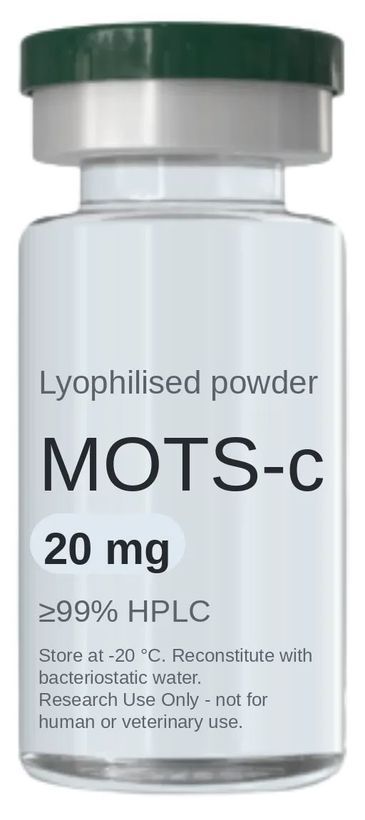 MOTS-c 20 mg vial — lyophilised research peptide, ≥99% HPLC, labelled for research use only